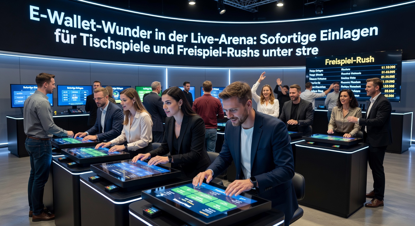 Dynamische Grafik eines Freispiel-Rushs in einem Live-Casino mit E-Wallet-Einlage-Button und explodierenden Bonus-Symbolen unter Lizenz-Siegel