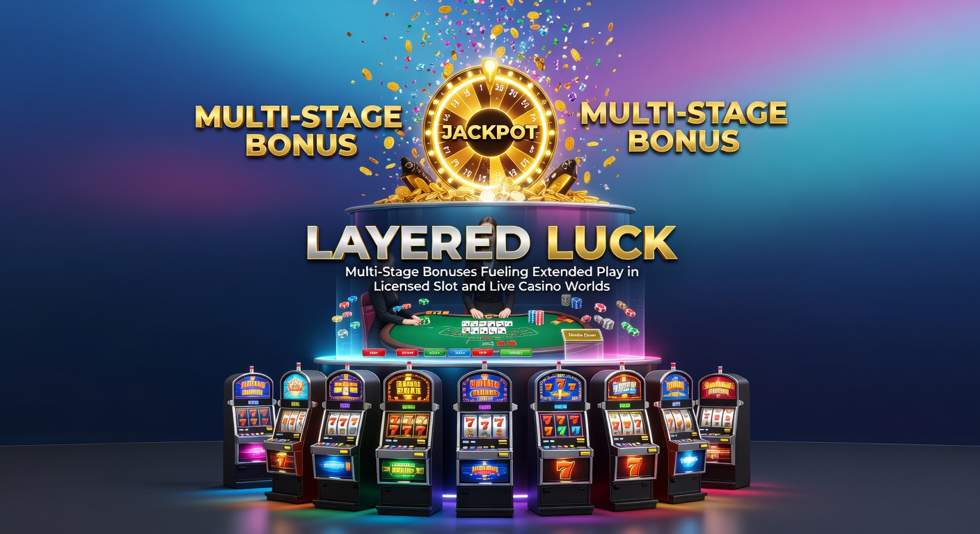 Bunte Slot-Maschinen mit überlagernden Bonus-Stufen und glitzernden Live-Tischspielen, die langes Engagement symbolisieren